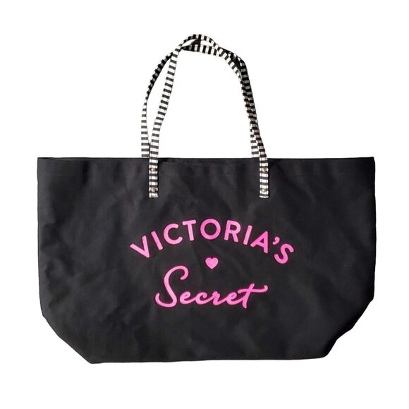 Victoria's Secret Black Canvas Tote Bag With Striped Handles & Pink Logo - Picture 1 of 8